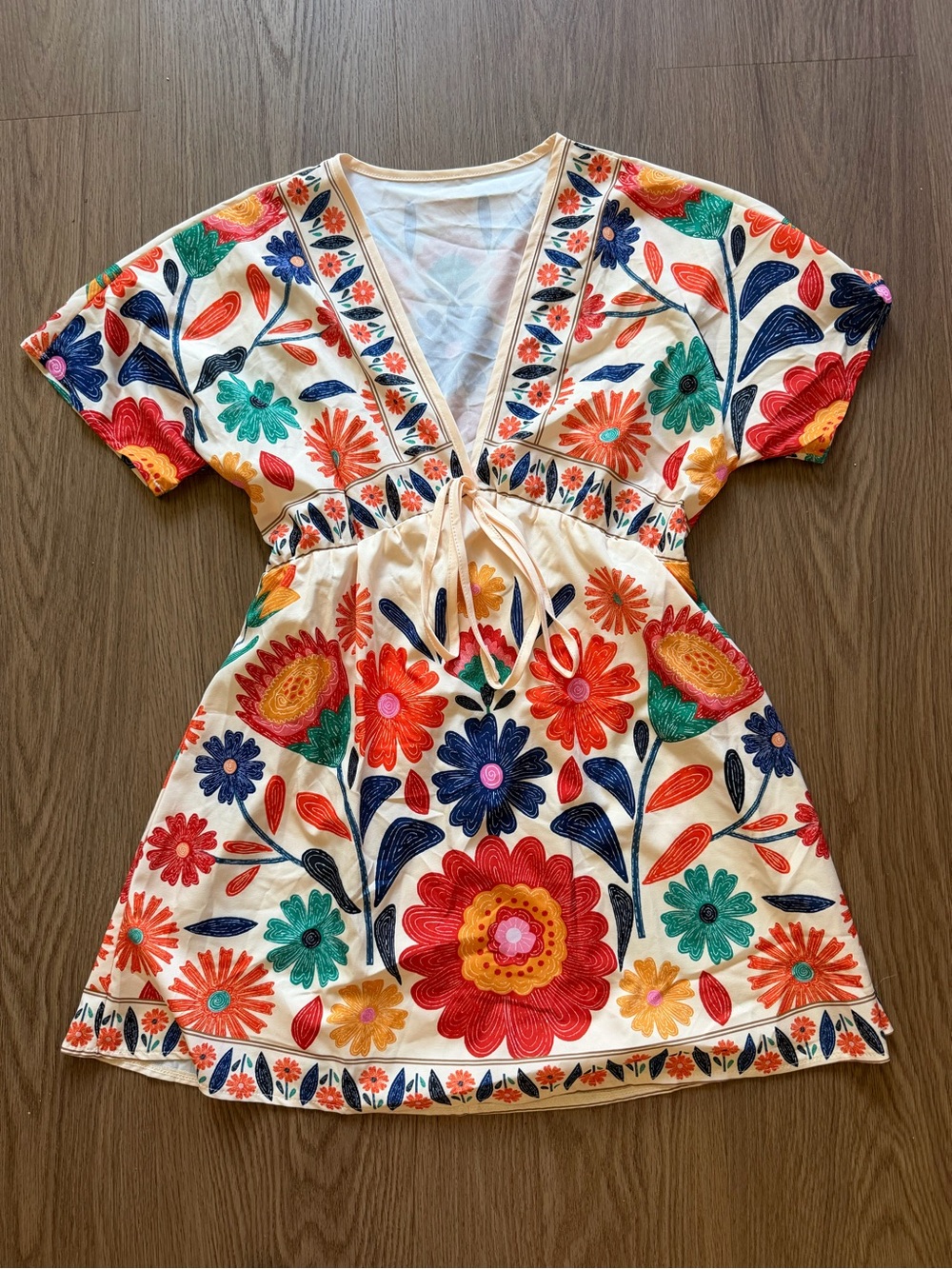 Colorful Floral Deep V Neck Empire Waist Mini Dress Boho